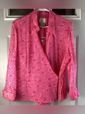 Ice Pink Floral-Print Wrap Blouse 100% Silk